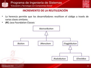 INCREMENTO DE LA REUTILIZACIÓN
• La herencia permite que los desarrolladores reutilicen el código a través de
varias clases similares.
• JFC: Java Foundation Classes
9 de junio de 2018 12
AbstractButton
JButton JMenuItem JToggleButton
JRadioButton JCheckBox
 