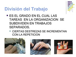 División del Trabajo
 ES EL GRADO EN EL CUAL LAS
TAREAS EN LA ORGANIZACION SE
SUBDIVIDEN EN TRABAJOS
SEPARADOS.
 CIERTAS DESTREZAS SE INCREMENTAN
CON LA REPETICION
 