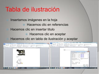 Tabla de ilustración
 Insertamos imágenes en la hoja
 Hacemos clic en referencias
 Hacemos clic en insertar titulo
 Hacemos clic en aceptar
 Hacemos clic en tabla de ilustración y aceptar
 