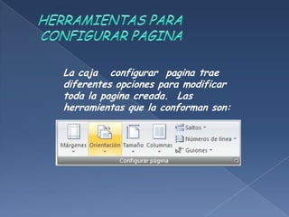 La caja configurar pagina trae
diferentes opciones para modificar
toda la pagina creada. Las
herramientas que la conforman son:
 