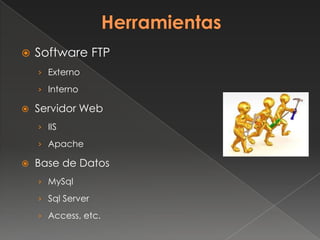  Software FTP
› Externo
› Interno
 Servidor Web
› IIS
› Apache
 Base de Datos
› MySql
› Sql Server
› Access, etc.
 
