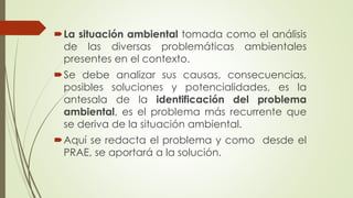 La situación ambiental tomada como el análisis
de las diversas problemáticas ambientales
presentes en el contexto.
Se debe analizar sus causas, consecuencias,
posibles soluciones y potencialidades, es la
antesala de la identificación del problema
ambiental, es el problema más recurrente que
se deriva de la situación ambiental.
Aquí se redacta el problema y como desde el
PRAE, se aportará a la solución.
 