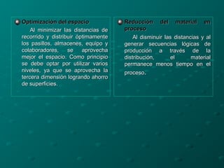 Optimización del espacioOptimización del espacio
Al minimizar las distancias deAl minimizar las distancias de
recorrido y distribuir óptimamenterecorrido y distribuir óptimamente
los pasillos, almacenes, equipo ylos pasillos, almacenes, equipo y
colaboradores, se aprovechacolaboradores, se aprovecha
mejor el espacio. Como principiomejor el espacio. Como principio
se debe optar por utilizar variosse debe optar por utilizar varios
niveles, ya que se aprovecha laniveles, ya que se aprovecha la
tercera dimensión logrando ahorrotercera dimensión logrando ahorro
de superficies.de superficies.
Reducción del material enReducción del material en
procesoproceso
Al disminuir las distancias y alAl disminuir las distancias y al
generar secuencias lógicas degenerar secuencias lógicas de
producción a través de laproducción a través de la
distribución, el materialdistribución, el material
permanece menos tiempo en elpermanece menos tiempo en el
procesoproceso..
 