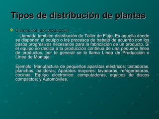 Tipos de distribución de plantasTipos de distribución de plantas
 Distribución por producciónDistribución por producción
Llamada también distribución de Taller de Flujo. Es aquella dondeLlamada también distribución de Taller de Flujo. Es aquella donde
se disponen el equipo o los procesos de trabajo de acuerdo con losse disponen el equipo o los procesos de trabajo de acuerdo con los
pasos progresivos necesarios para la fabricación de un producto. Sipasos progresivos necesarios para la fabricación de un producto. Si
el equipo se dedica a la producción continua de una pequeña líneael equipo se dedica a la producción continua de una pequeña línea
de productos, por lo general se le llama Línea de Producción ode productos, por lo general se le llama Línea de Producción o
Línea de Montaje.Línea de Montaje.
Ejemplo: Manufactura de pequeños aparatos eléctricos: tostadoras,Ejemplo: Manufactura de pequeños aparatos eléctricos: tostadoras,
planchas, batidoras; Aparatos mayores: lavadoras, refrigeradoras,planchas, batidoras; Aparatos mayores: lavadoras, refrigeradoras,
cocinas; Equipo electrónico: computadoras, equipos de discoscocinas; Equipo electrónico: computadoras, equipos de discos
compactos; y Automóviles.compactos; y Automóviles.
 