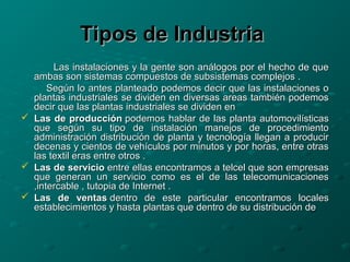 Tipos de IndustriaTipos de Industria
Las instalaciones y la gente son análogos por el hecho de queLas instalaciones y la gente son análogos por el hecho de que
ambas son sistemas compuestos de subsistemas complejos .ambas son sistemas compuestos de subsistemas complejos .
Según lo antes planteado podemos decir que las instalaciones oSegún lo antes planteado podemos decir que las instalaciones o
plantas industriales se dividen en diversas areas también podemosplantas industriales se dividen en diversas areas también podemos
decir que las plantas industriales se dividen endecir que las plantas industriales se dividen en
 Las de producciónLas de producción podemos hablar de las planta automovilísticaspodemos hablar de las planta automovilísticas
que según su tipo de instalación manejos de procedimientoque según su tipo de instalación manejos de procedimiento
administración distribución de planta y tecnología llegan a produciradministración distribución de planta y tecnología llegan a producir
decenas y cientos de vehículos por minutos y por horas, entre otrasdecenas y cientos de vehículos por minutos y por horas, entre otras
las textil eras entre otros .las textil eras entre otros .
 Las de servicioLas de servicio entre ellas encontramos a telcel que son empresasentre ellas encontramos a telcel que son empresas
que generan un servicio como es el de las telecomunicacionesque generan un servicio como es el de las telecomunicaciones
,intercable , tutopia de Internet .,intercable , tutopia de Internet .
 Las de ventasLas de ventas dentro de este particular encontramos localesdentro de este particular encontramos locales
establecimientos y hasta plantas que dentro de su distribución deestablecimientos y hasta plantas que dentro de su distribución de
 