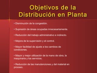 Objetivos de laObjetivos de la
Distribución en PlantaDistribución en Planta
• Disminución de la congestión.
• Supresión de áreas ocupadas innecesariamente.
• Reducción del trabajo administrativo e indirecto.
• Mejora de la supervisión y el control.
• Mayor facilidad de ajuste a los cambios de
condiciones.
• Mayor y mejor utilización de la mano de obra, la
maquinaria y los servicios.
• Reducción de las manutenciones y del material en
proceso.
 