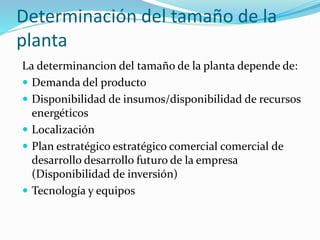 Determinación del tamaño de la
planta
La determinancion del tamaño de la planta depende de:
 Demanda del producto
 Disponibilidad de insumos/disponibilidad de recursos
energéticos
 Localización
 Plan estratégico estratégico comercial comercial de
desarrollo desarrollo futuro de la empresa
(Disponibilidad de inversión)
 Tecnología y equipos
 