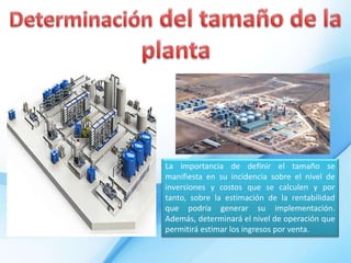 La importancia de definir el tamaño se
manifiesta en su incidencia sobre el nivel de
inversiones y costos que se calculen y por
tanto, sobre la estimación de la rentabilidad
que podría generar su implementación.
Además, determinará el nivel de operación que
permitirá estimar los ingresos por venta.
 