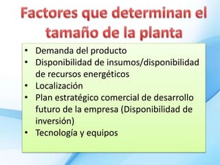 • Demanda del producto
• Disponibilidad de insumos/disponibilidad
de recursos energéticos
• Localización
• Plan estratégico comercial de desarrollo
futuro de la empresa (Disponibilidad de
inversión)
• Tecnología y equipos
 