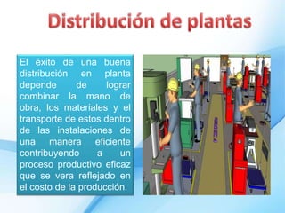 El éxito de una buena
distribución en planta
depende de lograr
combinar la mano de
obra, los materiales y el
transporte de estos dentro
de las instalaciones de
una manera eficiente
contribuyendo a un
proceso productivo eficaz
que se vera reflejado en
el costo de la producción.
 