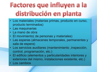 • Los materiales (materias primas, producto en curso,
producto terminados)
• Las maquinarias
• La mano de obra
• El movimiento( de personas y materiales)
• Las esperas (almacenes temporales, permanentes y
sala de espera)
• Los servicios auxiliares (mantenimiento ,inspección,
control, programación, etc.)
• El edificio (elementos y particularidades interiores y
exteriores del mismo, instalaciones existente, etc.)
• Los cambios
 