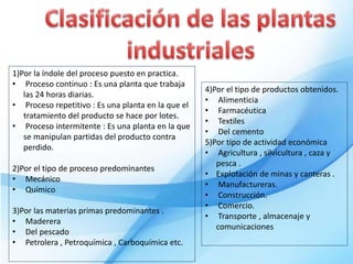 1)Por la índole del proceso puesto en practica.
• Proceso continuo : Es una planta que trabaja
las 24 horas diarias.
• Proceso repetitivo : Es una planta en la que el
tratamiento del producto se hace por lotes.
• Proceso intermitente : Es una planta en la que
se manipulan partidas del producto contra
perdido.
2)Por el tipo de proceso predominantes
• Mecánico
• Químico
3)Por las materias primas predominantes .
• Maderera
• Del pescado
• Petrolera , Petroquímica , Carboquímica etc.
4)Por el tipo de productos obtenidos.
• Alimenticia
• Farmacéutica
• Textiles
• Del cemento
5)Por tipo de actividad económica
• Agricultura , silvicultura , caza y
pesca .
• Explotación de minas y canteras .
• Manufactureras.
• Construcción.
• Comercio.
• Transporte , almacenaje y
comunicaciones
 