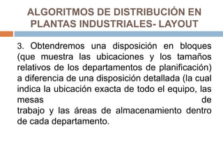 ALGORITMOS DE DISTRIBUCIÓN EN
PLANTAS INDUSTRIALES- LAYOUT
3. Obtendremos una disposición en bloques
(que muestra las ubicaciones y los tamaños
relativos de los departamentos de planificación)
a diferencia de una disposición detallada (la cual
indica la ubicación exacta de todo el equipo, las
mesas de
trabajo y las áreas de almacenamiento dentro
de cada departamento.
 