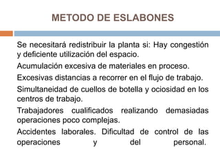 METODO DE ESLABONES
Se necesitará redistribuir la planta si: Hay congestión
y deficiente utilización del espacio.
Acumulación excesiva de materiales en proceso.
Excesivas distancias a recorrer en el flujo de trabajo.
Simultaneidad de cuellos de botella y ociosidad en los
centros de trabajo.
Trabajadores cualificados realizando demasiadas
operaciones poco complejas.
Accidentes laborales. Dificultad de control de las
operaciones y del personal.
 