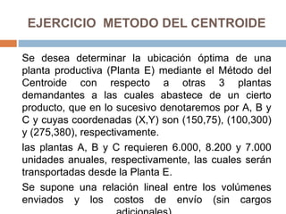EJERCICIO METODO DEL CENTROIDE
Se desea determinar la ubicación óptima de una
planta productiva (Planta E) mediante el Método del
Centroide con respecto a otras 3 plantas
demandantes a las cuales abastece de un cierto
producto, que en lo sucesivo denotaremos por A, B y
C y cuyas coordenadas (X,Y) son (150,75), (100,300)
y (275,380), respectivamente.
las plantas A, B y C requieren 6.000, 8.200 y 7.000
unidades anuales, respectivamente, las cuales serán
transportadas desde la Planta E.
Se supone una relación lineal entre los volúmenes
enviados y los costos de envío (sin cargos
 