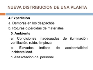 NUEVA DISTRIBUCION DE UNA PLANTA
4.Expedición
a. Demoras en los despachos
b. Roturas o pérdidas de materiales
5. Ambiente
a. Condiciones inadecuadas de iluminación,
ventilación, ruido, limpieza
b. Elevados índices de accidentalidad,
incidentalidad.
c. Alta rotación del personal.
 