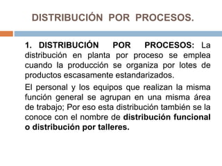 DISTRIBUCIÓN POR PROCESOS.
1. DISTRIBUCIÓN POR PROCESOS: La
distribución en planta por proceso se emplea
cuando la producción se organiza por lotes de
productos escasamente estandarizados.
El personal y los equipos que realizan la misma
función general se agrupan en una misma área
de trabajo; Por eso esta distribución también se la
conoce con el nombre de distribución funcional
o distribución por talleres.
 