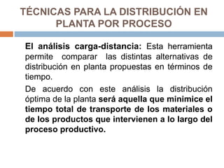 TÉCNICAS PARA LA DISTRIBUCIÓN EN
PLANTA POR PROCESO
El análisis carga-distancia: Esta herramienta
permite comparar las distintas alternativas de
distribución en planta propuestas en términos de
tiempo.
De acuerdo con este análisis la distribución
óptima de la planta será aquella que minimice el
tiempo total de transporte de los materiales o
de los productos que intervienen a lo largo del
proceso productivo.
 
