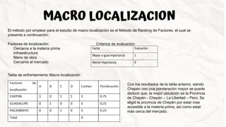 MACRO LOCALIZACION
El método por emplear para el estudio de macro localización es el Método de Ranking de Factores, el cual se
presenta a continuación:
Factores de localización: Criterios de evaluación:
Cercanía a la materia prima
Infraestructura
Mano de obra
Cercanía al mercado
Factor Evaluación
Mayor o igual importancia 1
Menor importancia 0
Tabla de enfrentamiento Macro localización
Con los resultados de la tabla anterior, siendo
Chepén con una ponderación mayor se puede
deducir que, la mejor ubicación es la Provincia
de Chepén - Chepén – La Libertad – Perú. Se
eligió la provincia de Chepén por estar mas
accesible a la materia prima, así como estar
más cerca del mercado.
 