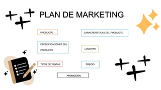 PLAN DE MARKETING
PRODUCTO CARACTERÍSTICAS DEL PRODUCTO
ESPECIFICACIONES DEL
PRODUCTO
LOGOTIPO
PROMOCIÓN
TIPOS DE VENTAS PRECIO
 