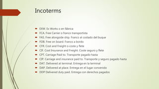 Incoterms
 EXW. Ex Works o en fábrica
 FCA. Free Carrier o franco transportista
 FAS. Free alongside ship. Franco al costado del buque
 FOB. Free on board. Franco a bordo
 CFR. Cost and Freight o coste y flete
 CIF. Cost Insurance and Freight. Coste seguro y flete
 CPT. Carriage Paid to. Transporte pagado hasta
 CIP. Carriage and insurance paid to. Transporte y seguro pagado hasta
 DAT. Delivered at terminal. Entrega en la terminal
 DAP. Delivered at place. Entrega en el lugar convenido
 DDP Delivered duty paid. Entrega con derechos pagados
 
