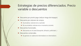 Estrategias de precios diferenciados. Precio
variable o descuentos
 Descuento por pronto pago (reduce riesgo de impagos)
 Descuento por volumen de compra
 Acumulativa: volumen de un periodo
 No acumulativa: volumen de un momento concreto
 Descuentos funcionales.
 Descuentos en el canal (transporte, almacén, publicidad…)
 Descuentos comerciales.
 Se generan en cadena de intermediario en intermediario
 