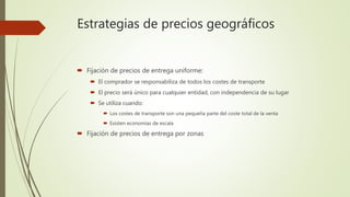 Estrategias de precios geográficos
 Fijación de precios de entrega uniforme:
 El comprador se responsabiliza de todos los costes de transporte
 El precio será único para cualquier entidad, con independencia de su lugar
 Se utiliza cuando:
 Los costes de transporte son una pequeña parte del coste total de la venta
 Existen economías de escala
 Fijación de precios de entrega por zonas
 
