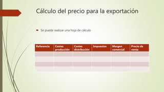 Cálculo del precio para la exportación
 Se puede realizar una hoja de cálculo
Referencia Costes
producción
Costes
distribución
Impuestos Margen
comercial
Precio de
venta
 