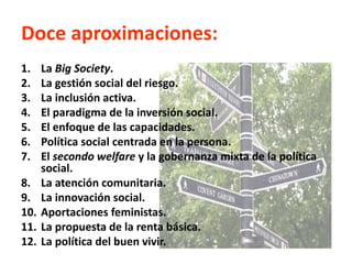 Doce aproximaciones:
1. La Big Society.
2. La gestión social del riesgo.
3. La inclusión activa.
4. El paradigma de la inv...