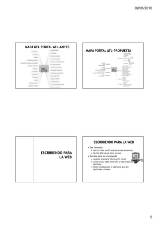 09/06/2010




Ser concreto.
  Leer en línea es 25% más lento que lo normal.
  Escribe 50% menos de lo normal.
Escribe para ser escaneado
  La gente scanea la información no lee
  La estructura debe tener dos o tres niveles de
  subtitulos
  Utilice encabezados o subtitulos que den
  significado y énfasis




                                                           5
 