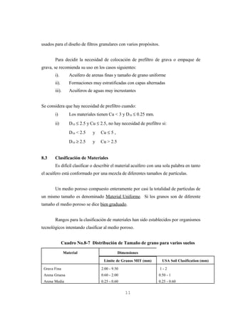 usados para el diseño de filtros granulares con varios propósitos.


       Para decidir la necesidad de colocación de prefiltro de grava o empaque de
grava, se recomienda su uso en los casos siguientes:
       i).        Acuífero de arenas finas y tamaño de grano uniforme
       ii).       Formaciones muy estratificadas con capas alternadas
       iii).      Acuíferos de aguas muy incrustantes


Se considera que hay necesidad de prefiltro cuando:
       i)         Los materiales tienen Cu < 3 y D10 ≤ 0.25 mm.
       ii)        D10 ≤ 2.5 y Cu ≤ 2.5, no hay necesidad de prefiltro si:
                  D10 < 2.5    y   Cu ≤ 5 ,
                  D10 ≥ 2.5    y   Cu > 2.5


8.3    Clasificación de Materiales
       Es difícil clasificar o describir el material acuífero con una sola palabra en tanto
el acuífero está conformado por una mezcla de diferentes tamaños de partículas.


       Un medio poroso compuesto enteramente por casi la totalidad de partículas de
un mismo tamaño es denominado Material Uniforme. Si los granos son de diferente
tamaño el medio poroso se dice bien graduado.


       Rangos para la clasificación de materiales han sido establecidos por organismos
tecnológicos intentando clasificar al medio poroso.


              Cuadro No.8-7 Distribución de Tamaño de grano para varios suelos

               Material                       Dimensiones

                                     Límite de Granos MIT (mm)        USA Soil Clasification (mm)

 Grava Fina                         2.00 - 9.50                      1-2
 Arena Gruesa                       0.60 - 2.00                     0.50 - 1
 Arena Media                        0.25 - 0.60                     0.25 - 0.60

                                                  11
 