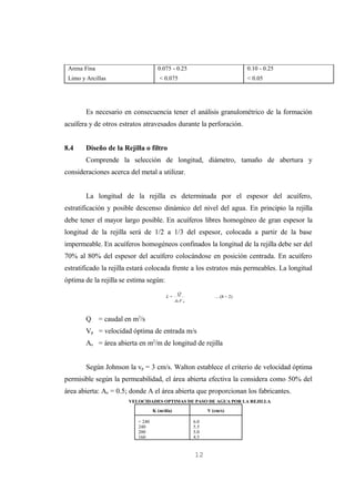 Arena Fina                          0.075 - 0.25                            0.10 - 0.25
 Limo y Arcillas                      < 0.075                                < 0.05




        Es necesario en consecuencia tener el análisis granulométrico de la formación
acuífera y de otros estratos atravesados durante la perforación.


8.4     Diseño de la Rejilla o filtro
        Comprende la selección de longitud, diámetro, tamaño de abertura y
consideraciones acerca del metal a utilizar.


        La longitud de la rejilla es determinada por el espesor del acuífero,
estratificación y posible descenso dinámico del nivel del agua. En principio la rejilla
debe tener el mayor largo posible. En acuíferos libres homogéneo de gran espesor la
longitud de la rejilla será de 1/2 a 1/3 del espesor, colocada a partir de la base
impermeable. En acuíferos homogéneos confinados la longitud de la rejilla debe ser del
70% al 80% del espesor del acuífero colocándose en posición centrada. En acuífero
estratificado la rejilla estará colocada frente a los estratos más permeables. La longitud
óptima de la rejilla se estima según:
                                                Q
                                         L=                       (8 − 2)
                                               A0 V p



        Q     = caudal en m3/s
        Vp = velocidad óptima de entrada m/s
        Ao = área abierta en m2/m de longitud de rejilla


        Según Johnson la vp = 3 cm/s. Walton establece el criterio de velocidad óptima
permisible según la permeabilidad, el área abierta efectiva la considera como 50% del
área abierta: Ao = 0.5; donde A el área abierta que proporcionan los fabricantes.
                        VELOCIDADES OPTIMAS DE PASO DE AGUA POR LA REJILLA
                                   K (m/día)                  V (cm/s)

                           > 240                        6.0
                           240                          5.5
                           200                          5.0
                           160                          4.5


                                                        12
 
