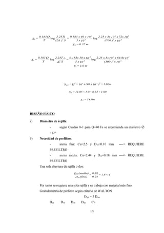 0.183 Q      2.25Tt    0.183 x 40 x 10 -3     2.25 x 5x 10 -3 x 72x 10 3
 Sb =           log          =                    log
           T        (2d )2 S       5 x 10 - 3              (700 )2 x 10 - 3
                                   S b = 0.32 m




        0.183 Qi     2.25T t i 0.183x 30 x 10-3     2.25 x 5x 10 -3 x 64.8x 10 3
 Si =            log          =                 log
           T            2
                       d1 S        5 x 10 -3              (300 )2 x 10 -3
                                  S i = 1.0 m




                                     2    3          -3 2
                            S per = Q = 10 x (40 x 10 ) = 1.60m


                                S T = 11.05 + 1.0 + 0.32 + 1.60


                                         S T = 14.0m




DISEÑO FISICO

a)       Diámetro de rejilla:
                 -       según Cuadro 8-1 para Q=40 l/s se recomienda un diámetro ∅
                 =12"
b)       Necesidad de prefiltro:
                 -       arena fina: Cu=2.5 y D10=0.10 mm               ----> REQUIERE
                 PREFILTRO
                 -       arena media: Cu=2.44 y D10=0.18 mm ----> REQUIERE
                 PREFILTRO
         Una sola abertura de rejilla o dos:

                                    D 50 (media) = 0.38 = 1.8 < 4
                                     D50 (fina)    0.24


         Por tanto se requiere una sola rejilla y se trabaja con material más fino.
         Granulometría de prefiltro según criterio de WALTON
                                               Dxpf = 5 Dxac
                 D10      D40     D50     D60        Cu

                                                   15
 
