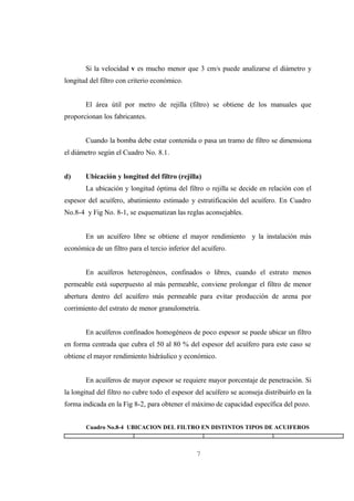 Si la velocidad v es mucho menor que 3 cm/s puede analizarse el diámetro y
longitud del filtro con criterio económico.


       El área útil por metro de rejilla (filtro) se obtiene de los manuales que
proporcionan los fabricantes.


       Cuando la bomba debe estar contenida o pasa un tramo de filtro se dimensiona
el diámetro según el Cuadro No. 8.1.


d)     Ubicación y longitud del filtro (rejilla)
       La ubicación y longitud óptima del filtro o rejilla se decide en relación con el
espesor del acuífero, abatimiento estimado y estratificación del acuífero. En Cuadro
No.8-4 y Fig No. 8-1, se esquematizan las reglas aconsejables.


       En un acuífero libre se obtiene el mayor rendimiento y la instalación más
económica de un filtro para el tercio inferior del acuífero.


       En acuíferos heterogéneos, confinados o libres, cuando el estrato menos
permeable está superpuesto al más permeable, conviene prolongar el filtro de menor
abertura dentro del acuífero más permeable para evitar producción de arena por
corrimiento del estrato de menor granulometría.


       En acuíferos confinados homogéneos de poco espesor se puede ubicar un filtro
en forma centrada que cubra el 50 al 80 % del espesor del acuífero para este caso se
obtiene el mayor rendimiento hidráulico y económico.


       En acuíferos de mayor espesor se requiere mayor porcentaje de penetración. Si
la longitud del filtro no cubre todo el espesor del acuífero se aconseja distribuirlo en la
forma indicada en la Fig 8-2, para obtener el máximo de capacidad específica del pozo.


        Cuadro No.8-4 UBICACION DEL FILTRO EN DISTINTOS TIPOS DE ACUIFEROS



                                                7
 