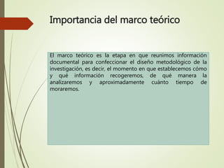 Importancia del marco teórico
El marco teórico es la etapa en que reunimos información
documental para confeccionar el diseño metodológico de la
investigación, es decir, el momento en que establecemos cómo
y qué información recogeremos, de qué manera la
analizaremos y aproximadamente cuánto tiempo de
moraremos.
 