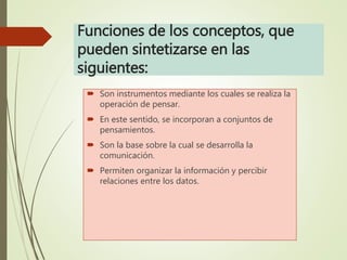 Funciones de los conceptos, que
pueden sintetizarse en las
siguientes:
 Son instrumentos mediante los cuales se realiza la
operación de pensar.
 En este sentido, se incorporan a conjuntos de
pensamientos.
 Son la base sobre la cual se desarrolla la
comunicación.
 Permiten organizar la información y percibir
relaciones entre los datos.
 