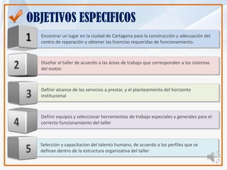 OBJETIVOS ESPECIFICOS
  Encontrar un lugar en la ciudad de Cartagena para la construcción y adecuación del
  centro de reparación y obtener las licencias requeridas de funcionamiento.



  Diseñar el taller de acuerdo a las áreas de trabajo que corresponden a los sistemas
  del motor.



  Definir alcance de los servicios a prestar, y el planteamiento del horizonte
  institucional



  Definir equipos y seleccionar herramientas de trabajo especiales y generales para el
  correcto funcionamiento del taller



  Selección y capacitacion del talento humano, de acuerdo a los perfiles que se
  definan dentro de la estructura organizativa del taller
 