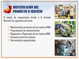 IDENTIFICACIÓN DEL
        PRODUCTO O SERVICIO
El centro de reparaciones brinda a la Armada
Nacional, los siguientes servicios:

    Mantenimiento preventivo de los motores MAN
    Programación de mantenimientos
    Diagnostico y Reparación de los motores MAN
    Accesorios para los motores
    Herramientas especializadas
 