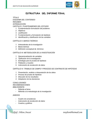 INSTITUTO DE EDUCACIÓN SUPERIOR




                  ESTRUCTURA DEL INFORME FINAL
TÍTULO
ESQUEMA DEL CONTENIDO
RESUMEN
INTRODUCCIÓN
CAPITULO I: PLANTEAMIENDO DEL ESTUDIO
   1. Fundamentación formulación del problema
   2. Objetivos
   3. Justificación
   4. Fundamentación y formulación de hipótesis
   5. Identificación y clasificación de las variables

CAPÍTULO II: MARCO TEÓRICO

   1. Antecedentes de la investigación
   2. Bases teóricas
   3. Definición conceptual de términos

CAPÍTULO III: METODOLOGÍA DE LA INVESTIGACIÓN

   1.   Operacionalización de variables
   2.   Tipificación de la investigación
   3.   Estrategia para la prueba de hipótesis
   4.   Población y muestra
   5.   Instrumento de recolección de datos

CAPÍTULO IV: TRABAJO DE CAMPO Y PROCESO DE CONTRASTE DE HIPÓTESIS

   1.   Presentación, análisis e interpretación de los datos
   2.   Proceso de prueba de hipótesis
   3.   Discusión de los resultados
   4.   Adoptacion de las decisiones

CONCLUSIONES
RECOMENDACIONES
BIBLIOGRAFÍA
   - Referida al tema
   - Referida a la metodología de la investigación

ANEXOS

   -    Cuadro de consistencia
   -    Instrumento de recolección de datos
   -    Cuadros y gráficos




Prof.: Nilton Ancasi                                           ronylton@hotmail.com
 