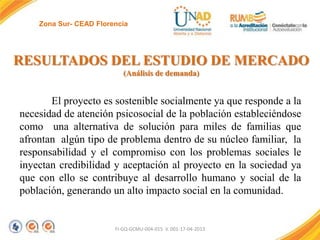 Zona Sur- CEAD Florencia

RESULTADOS DEL ESTUDIO DE MERCADO
(Análisis de demanda)

El proyecto es sostenible socialmente ya que responde a la
necesidad de atención psicosocial de la población estableciéndose
como una alternativa de solución para miles de familias que
afrontan algún tipo de problema dentro de su núcleo familiar, la
responsabilidad y el compromiso con los problemas sociales le
inyectan credibilidad y aceptación al proyecto en la sociedad ya
que con ello se contribuye al desarrollo humano y social de la
población, generando un alto impacto social en la comunidad.

FI-GQ-GCMU-004-015 V. 001-17-04-2013

 