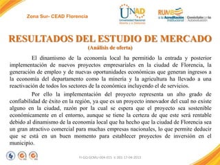 Zona Sur- CEAD Florencia

RESULTADOS DEL ESTUDIO DE MERCADO
(Análisis de oferta)

El dinamismo de la economía local ha permitido la entrada y posterior
implementación de nuevos proyectos empresariales en la ciudad de Florencia, la
generación de empleo y de nuevas oportunidades económicas que generan ingresos a
la economía del departamento como la minería y la agricultura ha llevado a una
reactivación de todos los sectores de la económica incluyendo el de servicios.
Por ello la implementación del proyecto representa un alto grado de
confiabilidad de éxito en la región, ya que es un proyecto innovador del cual no existe
alguno en la ciudad, razón por la cual se espera que el proyecto sea sostenible
económicamente en el entorno, aunque se tiene la certeza de que este será rentable
debido al dinamismo de la economía local que ha hecho que la ciudad de Florencia sea
un gran atractivo comercial para muchas empresas nacionales, lo que permite deducir
que se está en un buen momento para establecer proyectos de inversión en el
municipio.
FI-GQ-GCMU-004-015 V. 001-17-04-2013

 