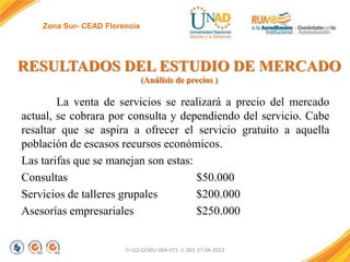 Zona Sur- CEAD Florencia

RESULTADOS DEL ESTUDIO DE MERCADO
(Análisis de precios )

La venta de servicios se realizará a precio del mercado
actual, se cobrara por consulta y dependiendo del servicio. Cabe
resaltar que se aspira a ofrecer el servicio gratuito a aquella
población de escasos recursos económicos.
Las tarifas que se manejan son estas:
Consultas
$50.000
Servicios de talleres grupales
$200.000
Asesorías empresariales
$250.000

FI-GQ-GCMU-004-015 V. 001-17-04-2013

 