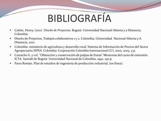 BIBLIOGRAFÍA
   Cañón, Henry. (2011) Diseño de Proyectos. Bogotá: Universidad Nacional Abierta y a Distancia,
    Colombia.
   Diseño de Proyectos, Trabajos colaborativos 1 y 2. Colombia, Universidad Nacional Abierta y A
    Distancia, 2012
   Colombia. ministerio de agricultura y desarrollo rural. Sistema de Información de Precios del Sector
    Agropecuario SIPSA. Colombia: Corporación Colombia Internacional CCI, 2002, 2003. 5 p.
   Camacho G. y col. "Obtención y conservación de pulpas de frutas" Memorias del curso de extensión.
    ICTA. Santafé de Bogotá: Universidad Nacional de Colombia, 1992. 190 p.
   Parra Román, Plan de estudios de ingeniería de producción industrial, (en línea):
 