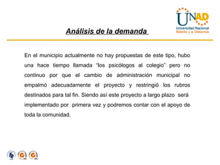 Análisis de la demanda


En el municipio actualmente no hay propuestas de este tipo, hubo
una hace tiempo llamada “los psicólogos al colegio” pero no
continuo por que el cambio de administración municipal no
empalmó adecuadamente el proyecto y restringió los rubros
destinados para tal fin. Siendo así este proyecto a largo plazo será
implementado por primera vez y podremos contar con el apoyo de
toda la comunidad.
 