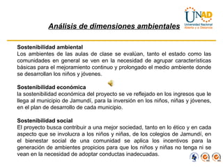 Análisis de dimensiones ambientales

Sostenibilidad ambiental
Los ambientes de las aulas de clase se evalúan, tanto el estado como las
comunidades en general se ven en la necesidad de agrupar características
básicas para el mejoramiento continuo y prolongado el medio ambiente donde
se desarrollan los niños y jóvenes.

Sostenibilidad económica
la sostenibilidad económica del proyecto se ve reflejado en los ingresos que le
llega al municipio de Jamundí, para la inversión en los niños, niñas y jóvenes,
en el plan de desarrollo de cada municipio.

Sostenibilidad social
El proyecto busca contribuir a una mejor sociedad, tanto en lo ético y en cada
aspecto que se involucra a los niños y niñas, de los colegios de Jamundí, en
el bienestar social de una comunidad se aplica los incentivos para la
generación de ambientes propicios para que los niños y niñas no tenga ni se
vean en la necesidad de adoptar conductas inadecuadas.
 