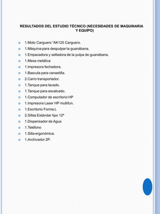 RESULTADOS DEL ESTUDIO TÉCNICO (NECESIDADES DE MAQUINARIA
Y EQUIPO)
 1.Moto Carguero “AK125 Carguero.
 1.Máquina para despulpar la guanábana.
 1.Empacadora y selladora de la pulpa de guanábana.
 1.Mesa metálica
 1.Impresora fechadora.
 1.Bascula para canastilla.
 2.Carro transportador.
 1.Tanque para lavado.
 1.Tanque para escalcado.
 1.Computador de escritorio HP
 1.Impresora Laser HP multifun.
 1.Escritorio Forma L
 2.Sillas Estándar tipo 12ª
 1.Dispensador de Agua
 1.Teléfono
 1.Silla ergonómica.
 1.Archivador 2P.
 