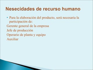  Para la elaboración del producto, será necesaria la
  participación de:
Gerente general de la empresa
Jefe de producción
Operario de planta y equipo
Auxiliar
 