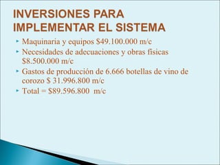  Maquinaria y equipos $49.100.000 m/c
 Necesidades de adecuaciones y obras físicas
  $8.500.000 m/c
 Gastos de producción de 6.666 botellas de vino de
  corozo $ 31.996.800 m/c
 Total = $89.596.800 m/c
 