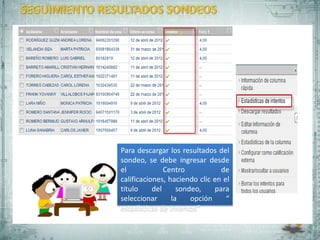 Para descargar los resultados del
sondeo, se debe ingresar desde
el             Centro           de
calificaciones, haciendo clic en el
titulo     del     sondeo,    para
seleccionar      la    opción     “
estadísticas de Intentos”
 