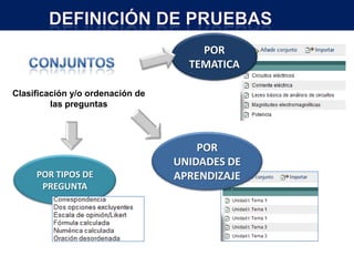 POR
                                    TEMATICA

Clasificación y/o ordenación de
         las preguntas



                                      POR
                                  UNIDADES DE
     POR TIPOS DE                 APRENDIZAJE
      PREGUNTA
 